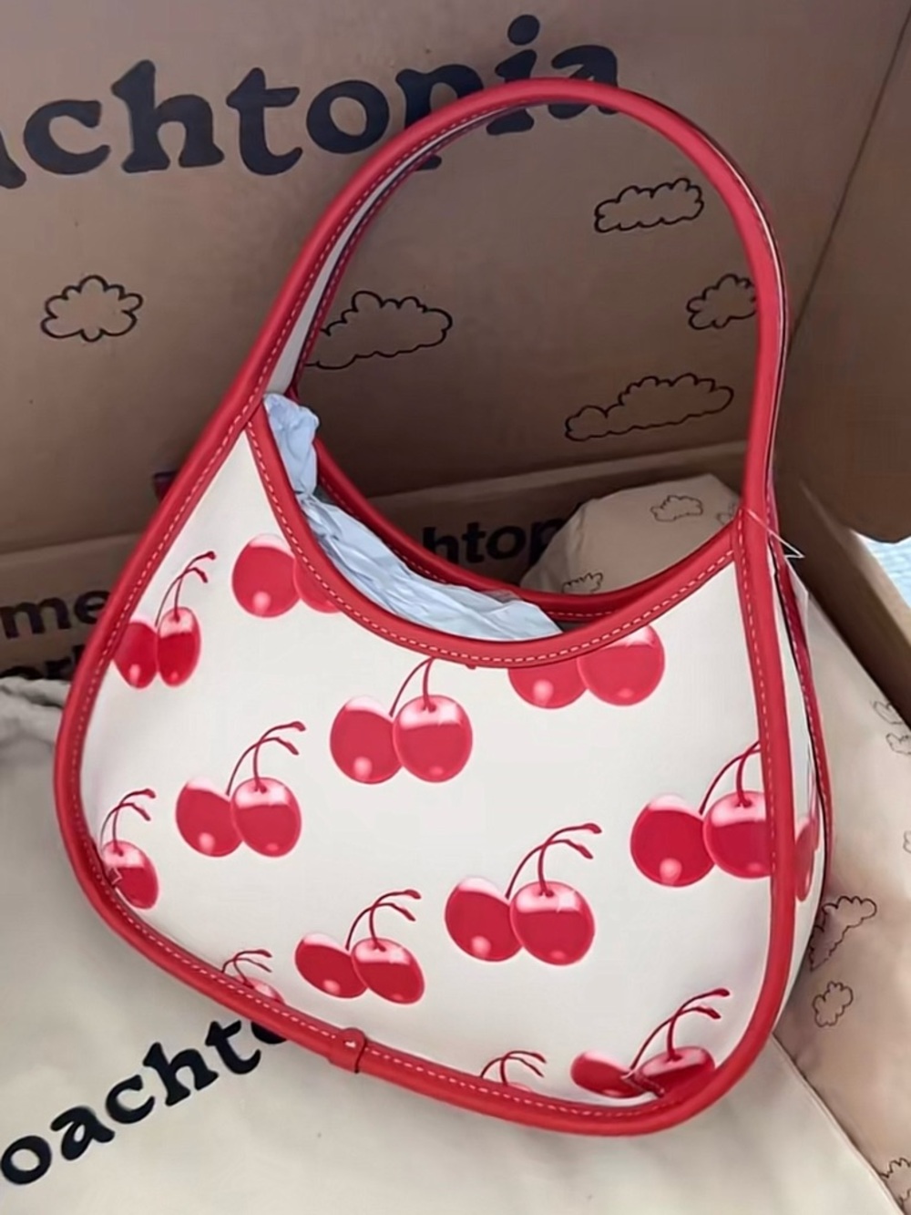NWT&BOX AUTHENTIC Cherry Print Shoulder Bag in Cream & Red
